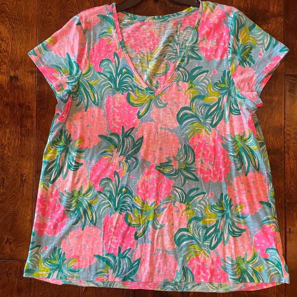 COPY - Lilly Pulitzer Etta Top in Blue Ibiza & Pineapple Shake, Size XL, Pink B…
